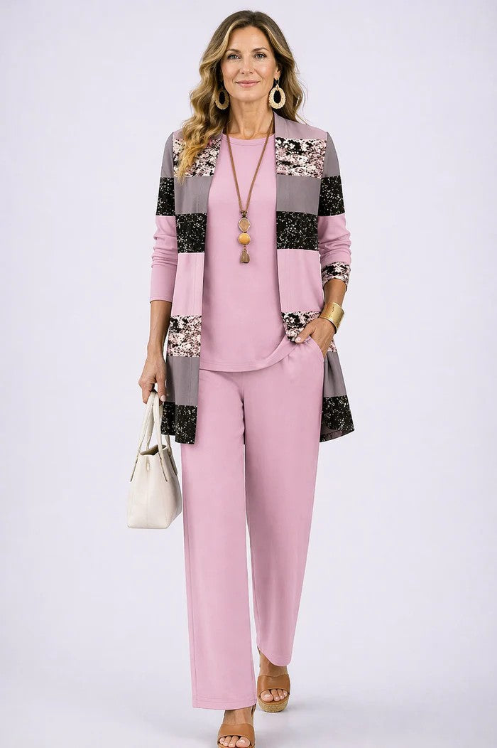 Completo donna tre pezzi con cardigan stampato