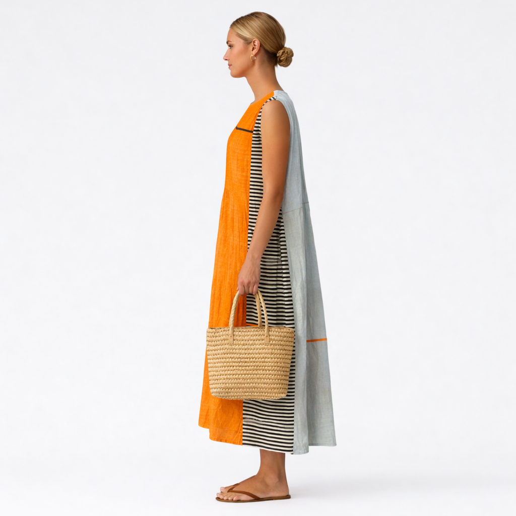 Abito midi donna color block con pannello a righe