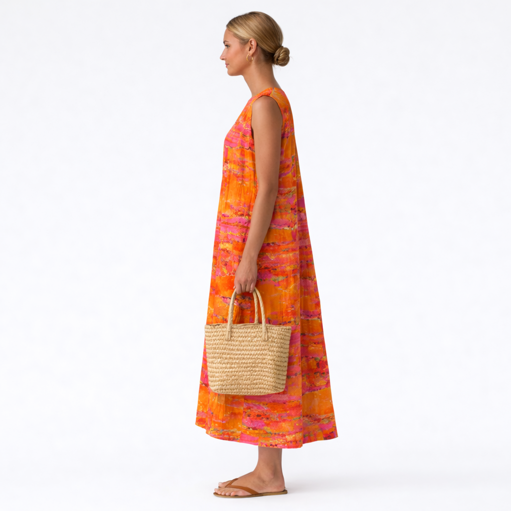Abito midi smanicato donna con stampa astratta solare