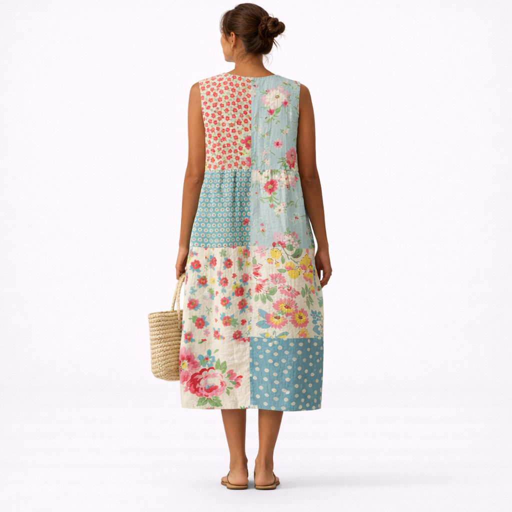 Abito midi donna patchwork floreale in cotone viscosa