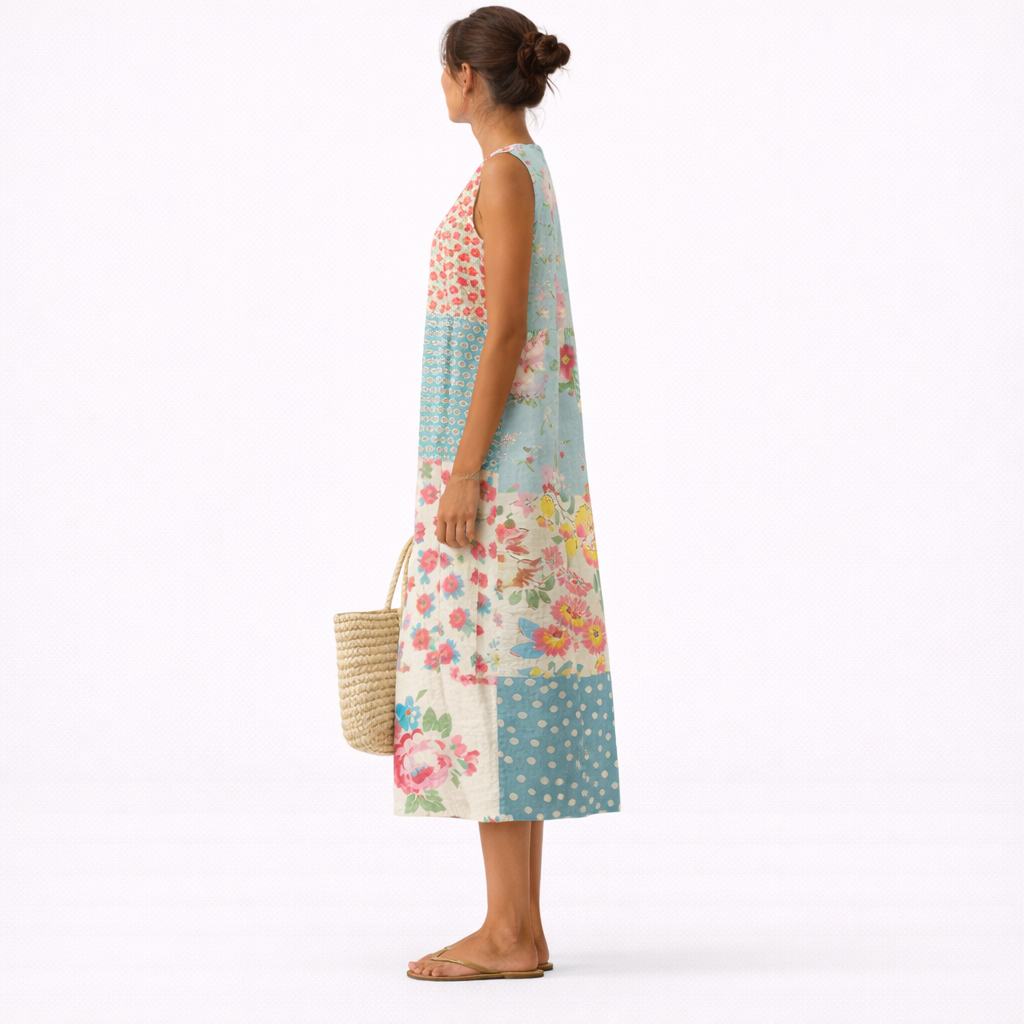 Abito midi donna patchwork floreale in cotone viscosa