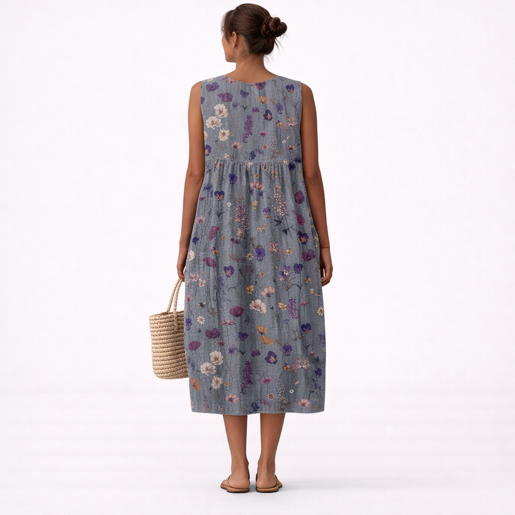 Abito midi smanicato donna con micro stampa floreale