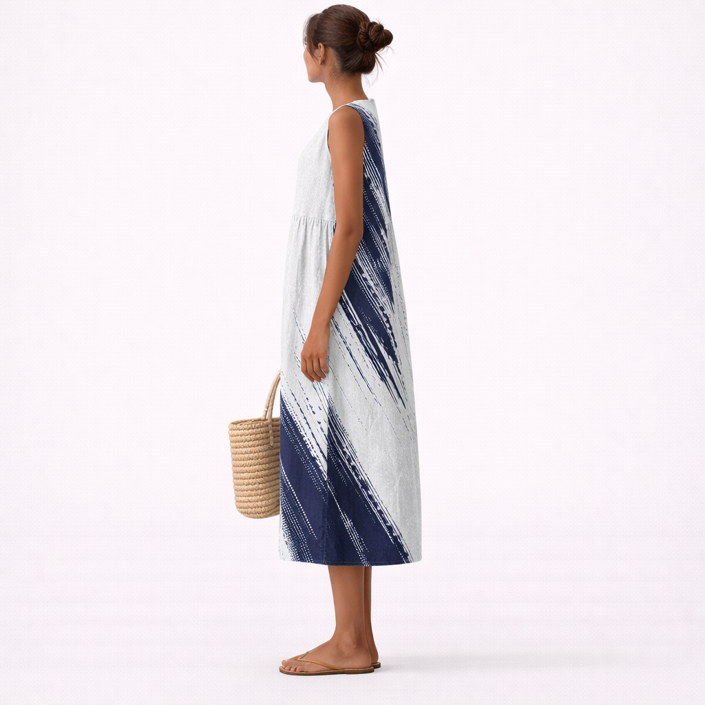Abito midi donna in cotone viscosa con stampa astratta blu