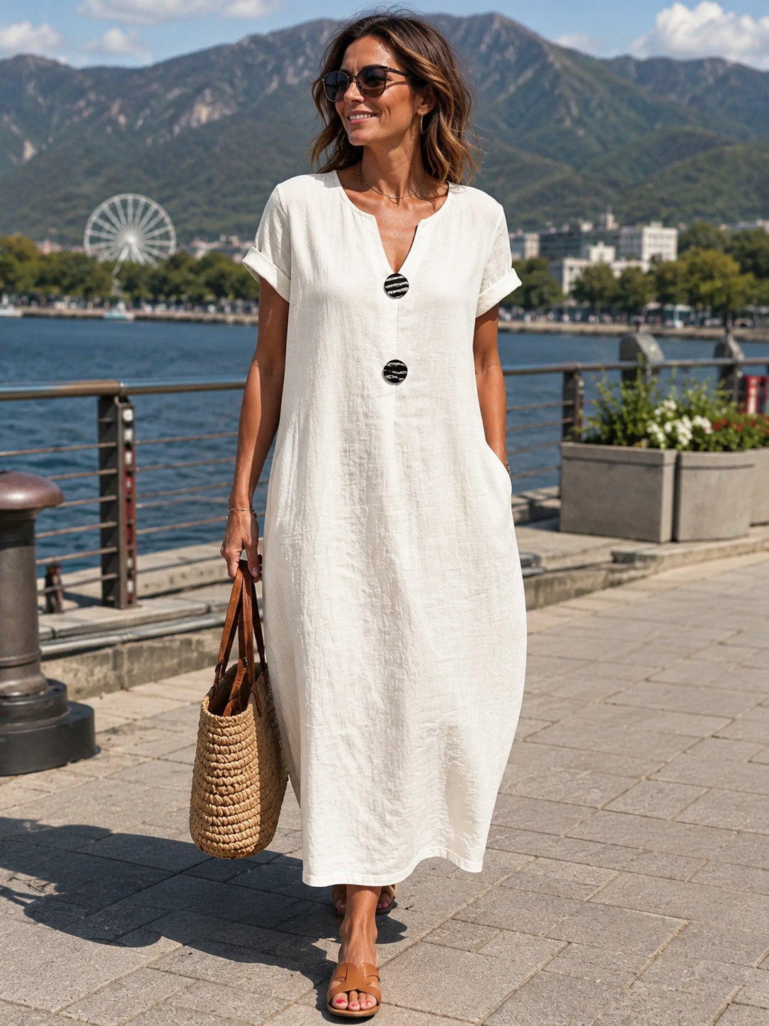 Abito lungo donna estivo con collo a V e bottoni decorativi