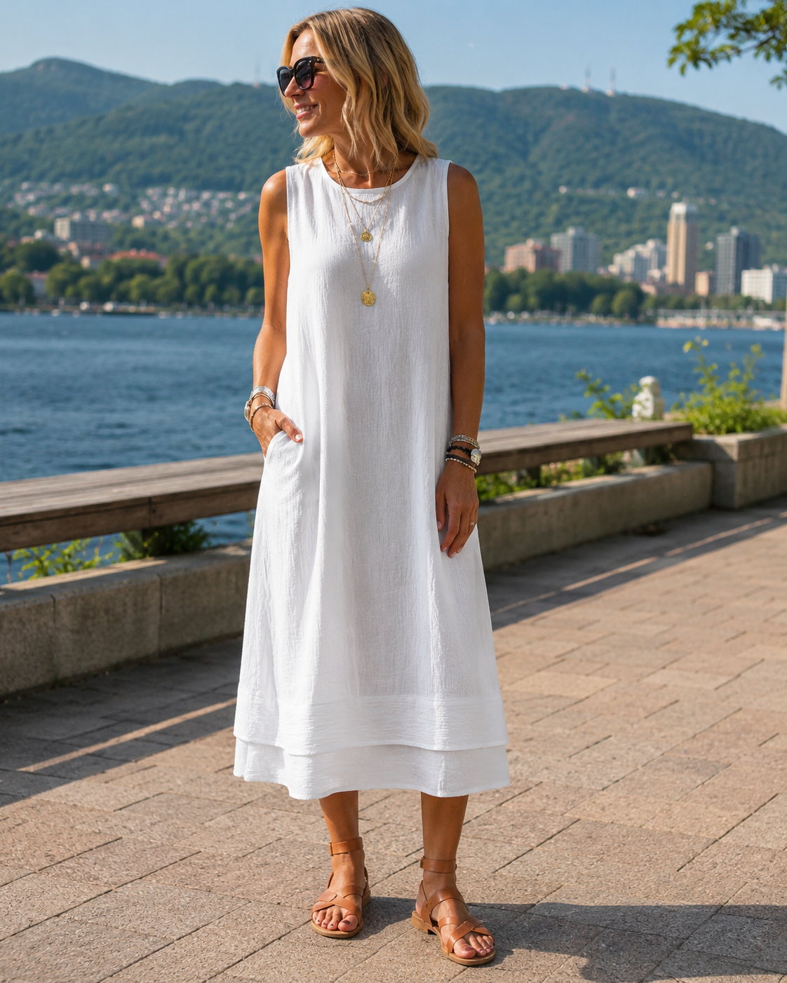 Abito midi smanicato donna con fondo a balza