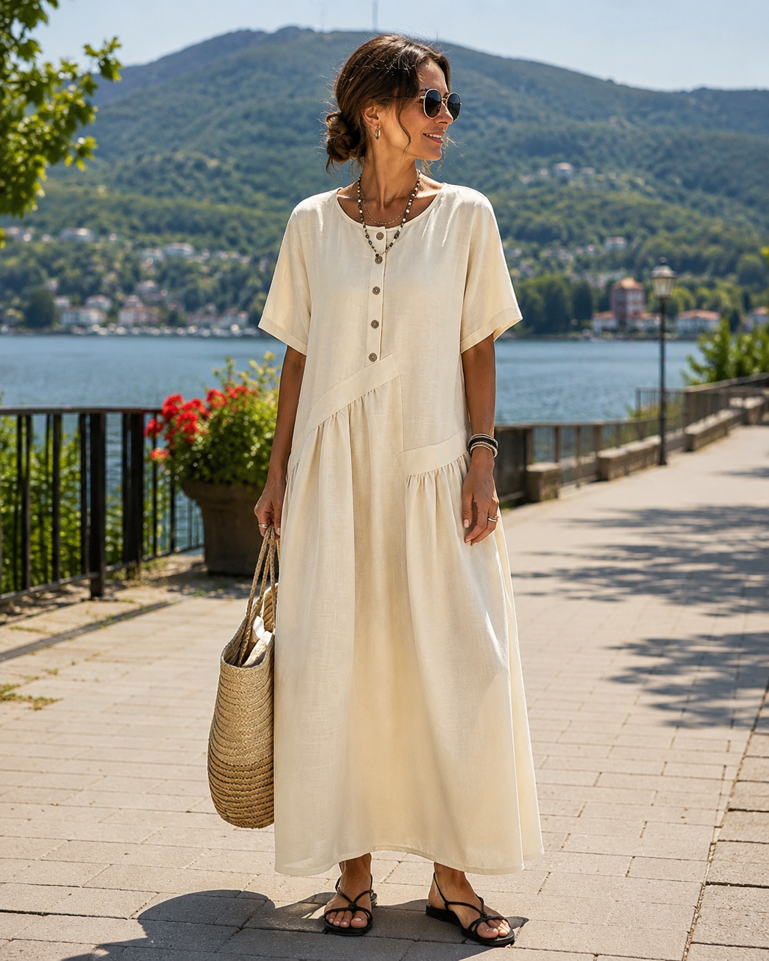 Abito maxi donna effetto cotone lino con bottoni