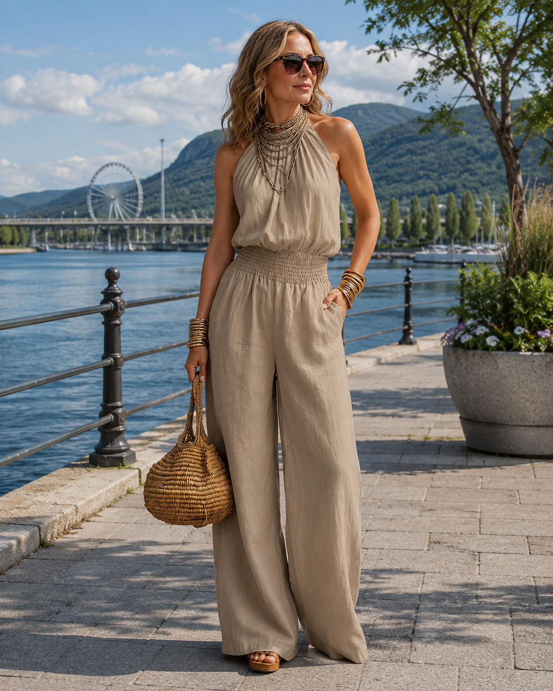 Tuta donna elegante con scollo halter e pantaloni larghi
