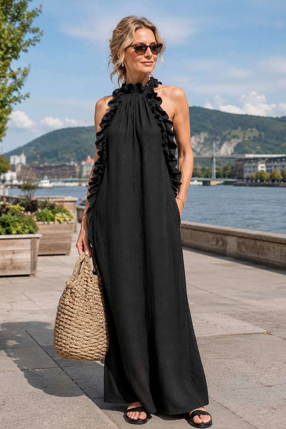 Abito maxi donna senza maniche con volant e tasche