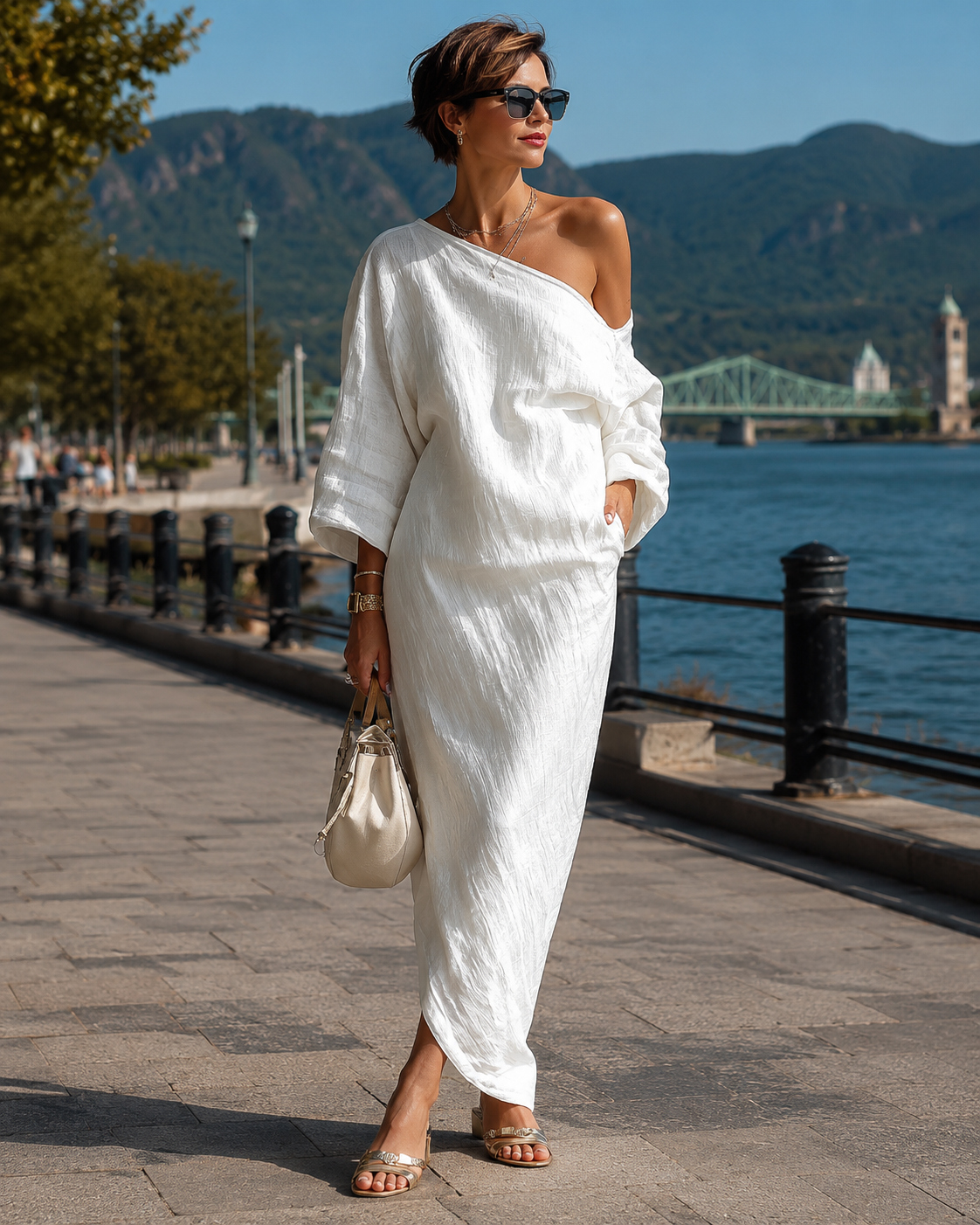 Abito maxi donna monospalla elegante con linea fluida