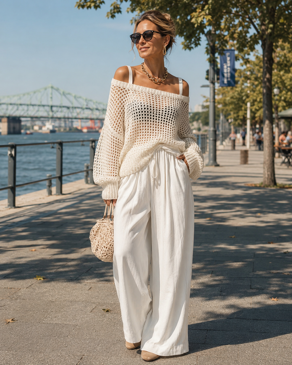 Completo donna maglione traforato pantaloni larghi