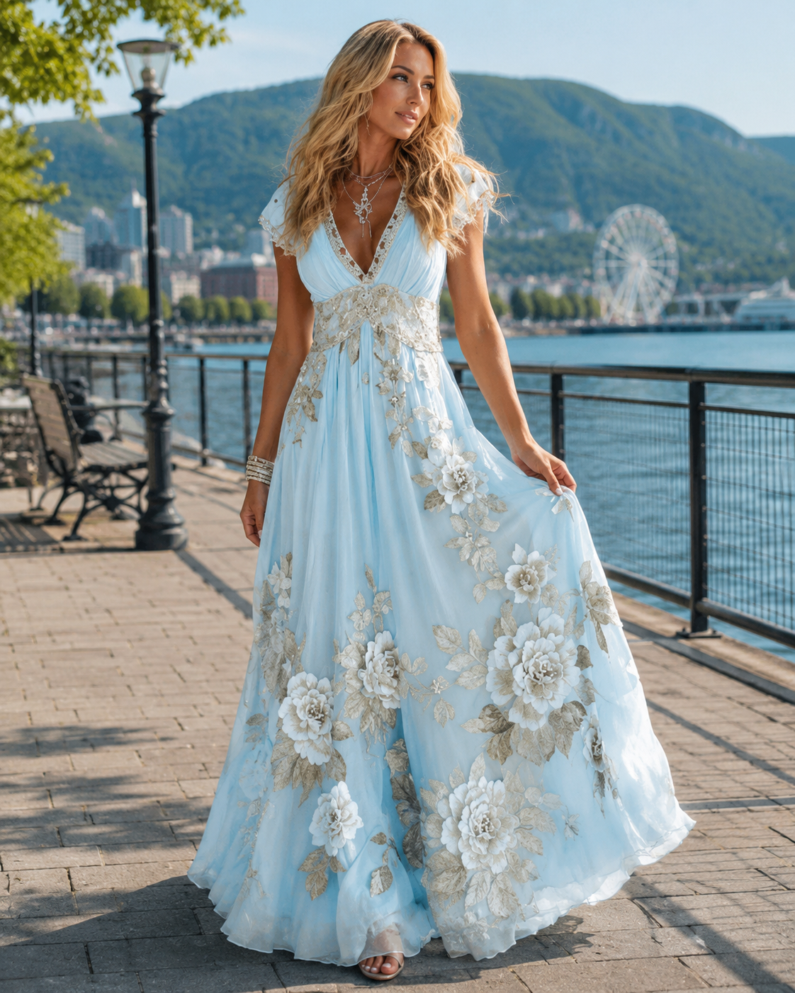 Abito donna lungo in chiffon con pizzo ricamato floreale