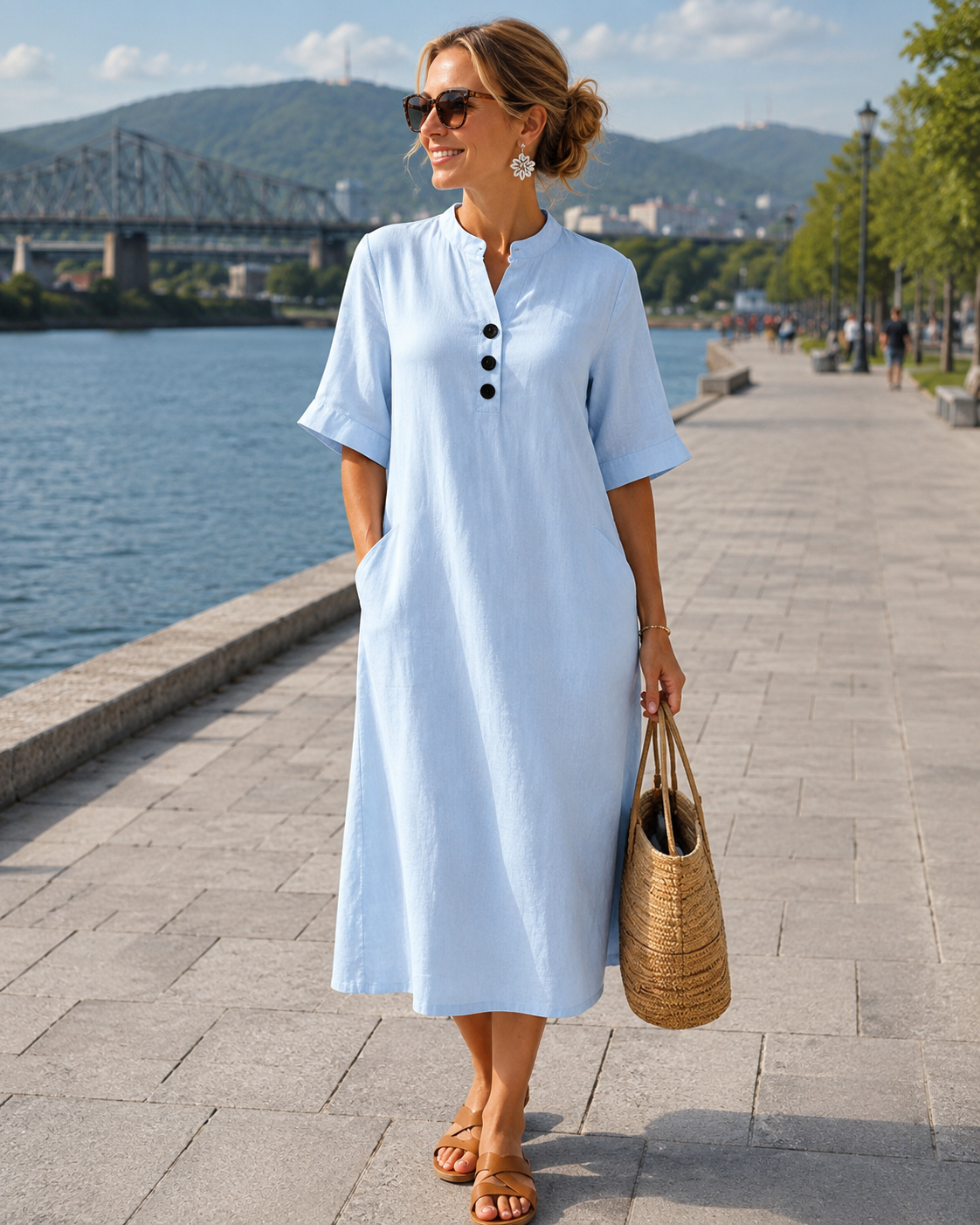 Abito donna midi in cotone lino con bottoni e tasche