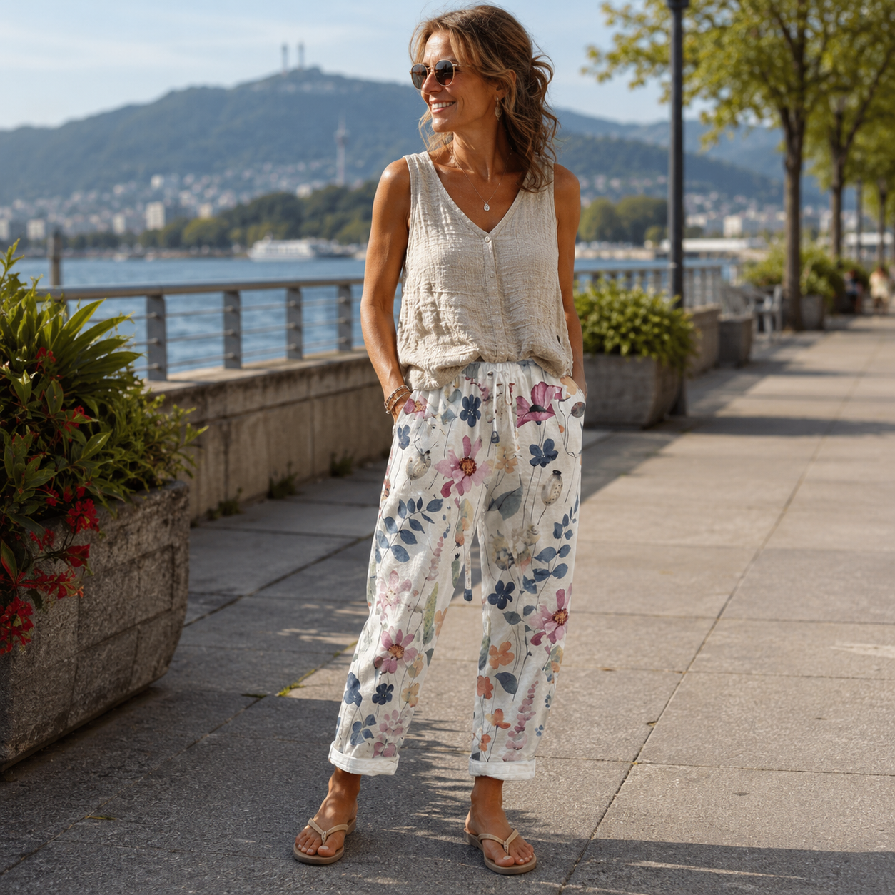 Pantaloni donna estivi floreali con vita regolabile