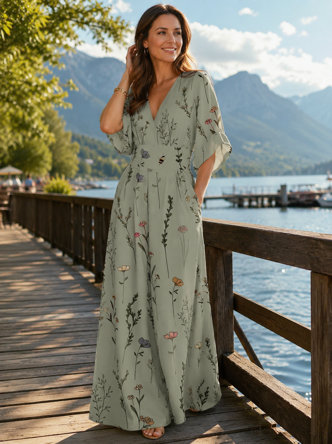 Tuta donna elegante floreale con scollo a V