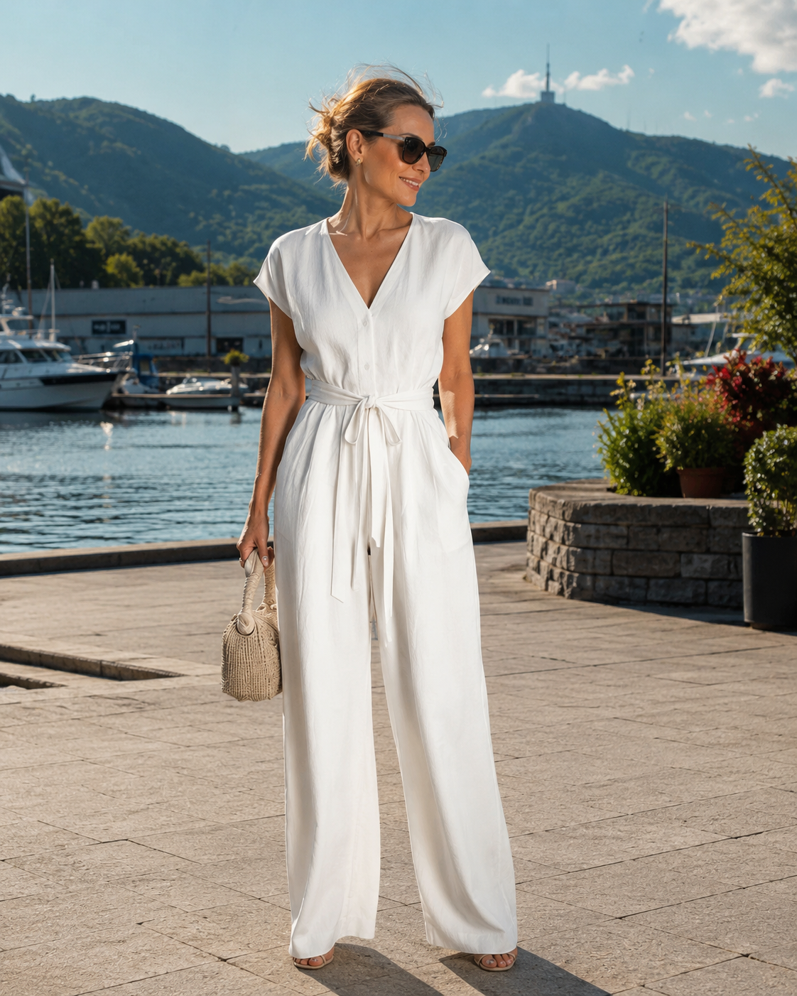 Tuta donna elegante con scollo a V e cintura