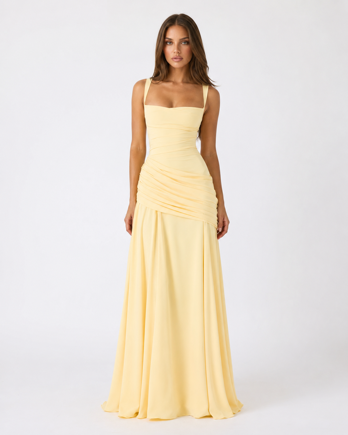 Abito maxi donna elegante con scollo quadrato e drappeggio