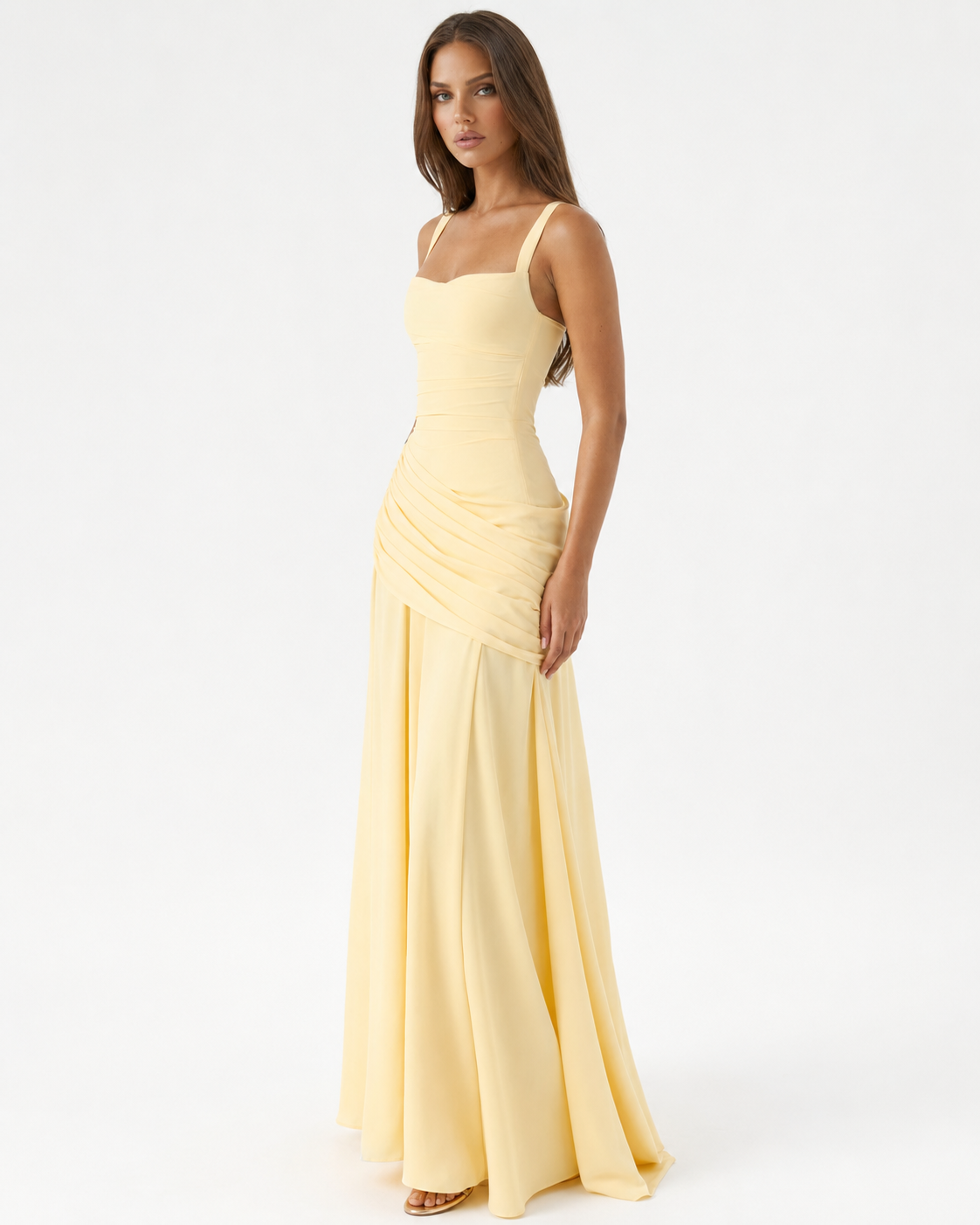 Abito maxi donna elegante con scollo quadrato e drappeggio