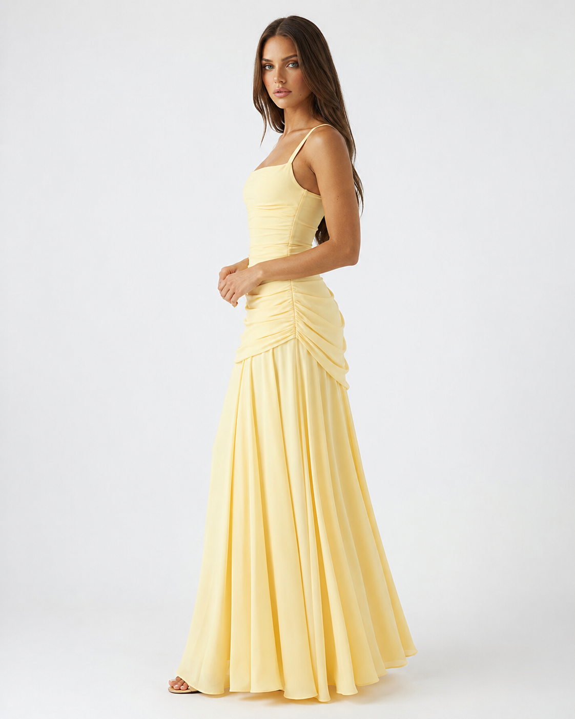 Abito maxi donna elegante con scollo quadrato e drappeggio