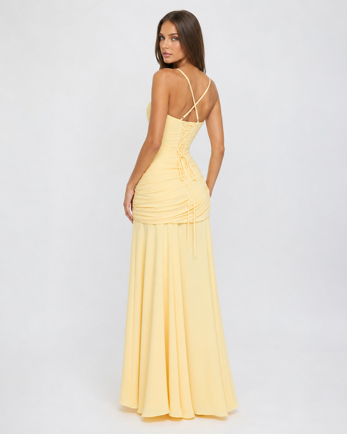 Abito maxi donna elegante con scollo quadrato e drappeggio