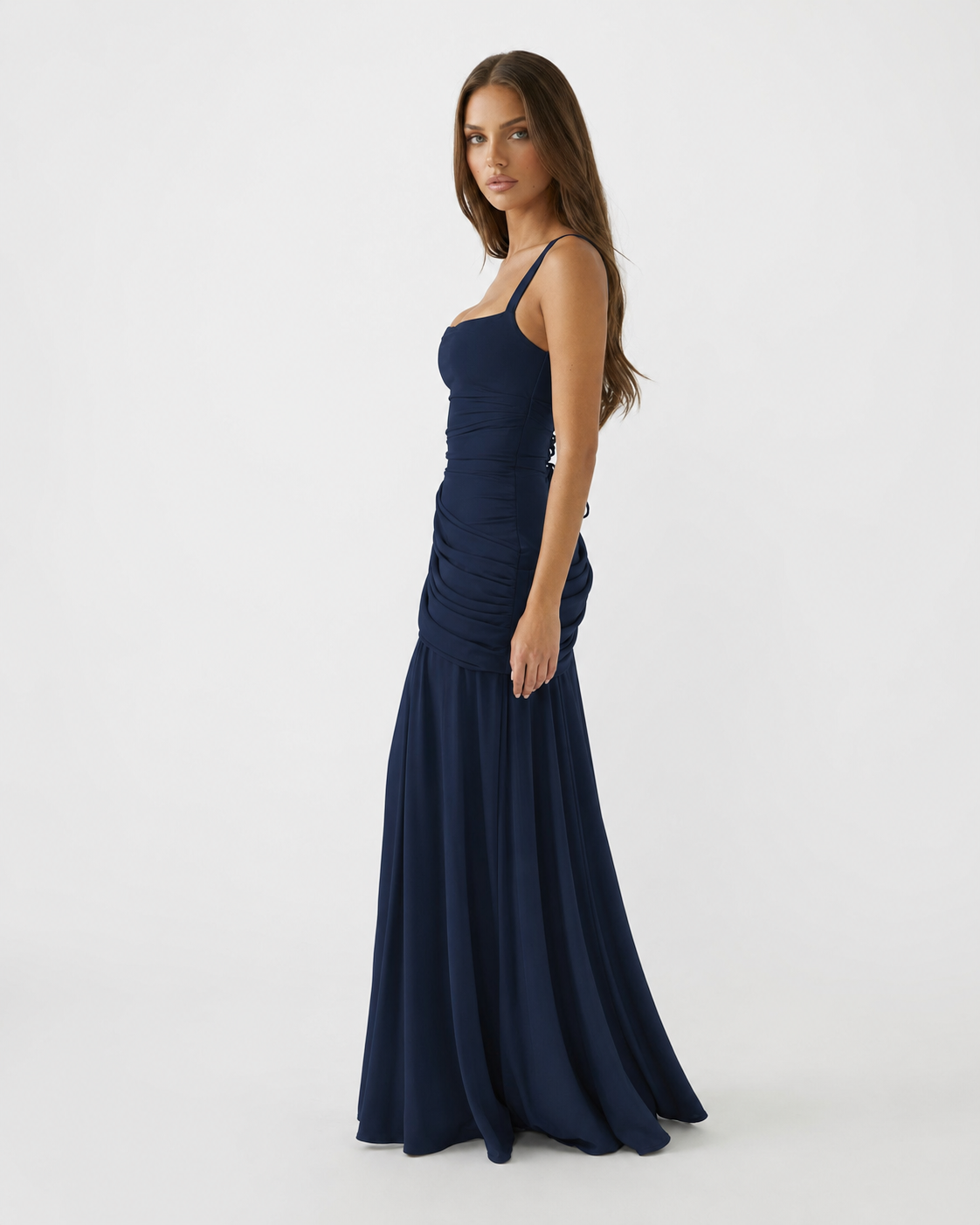 Abito maxi donna elegante con scollo quadrato e drappeggio