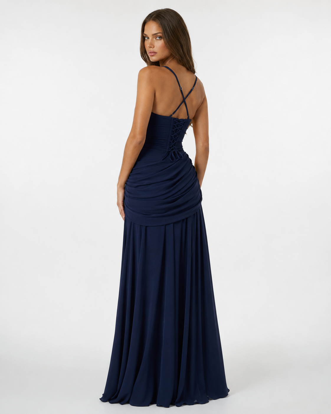 Abito maxi donna elegante con scollo quadrato e drappeggio