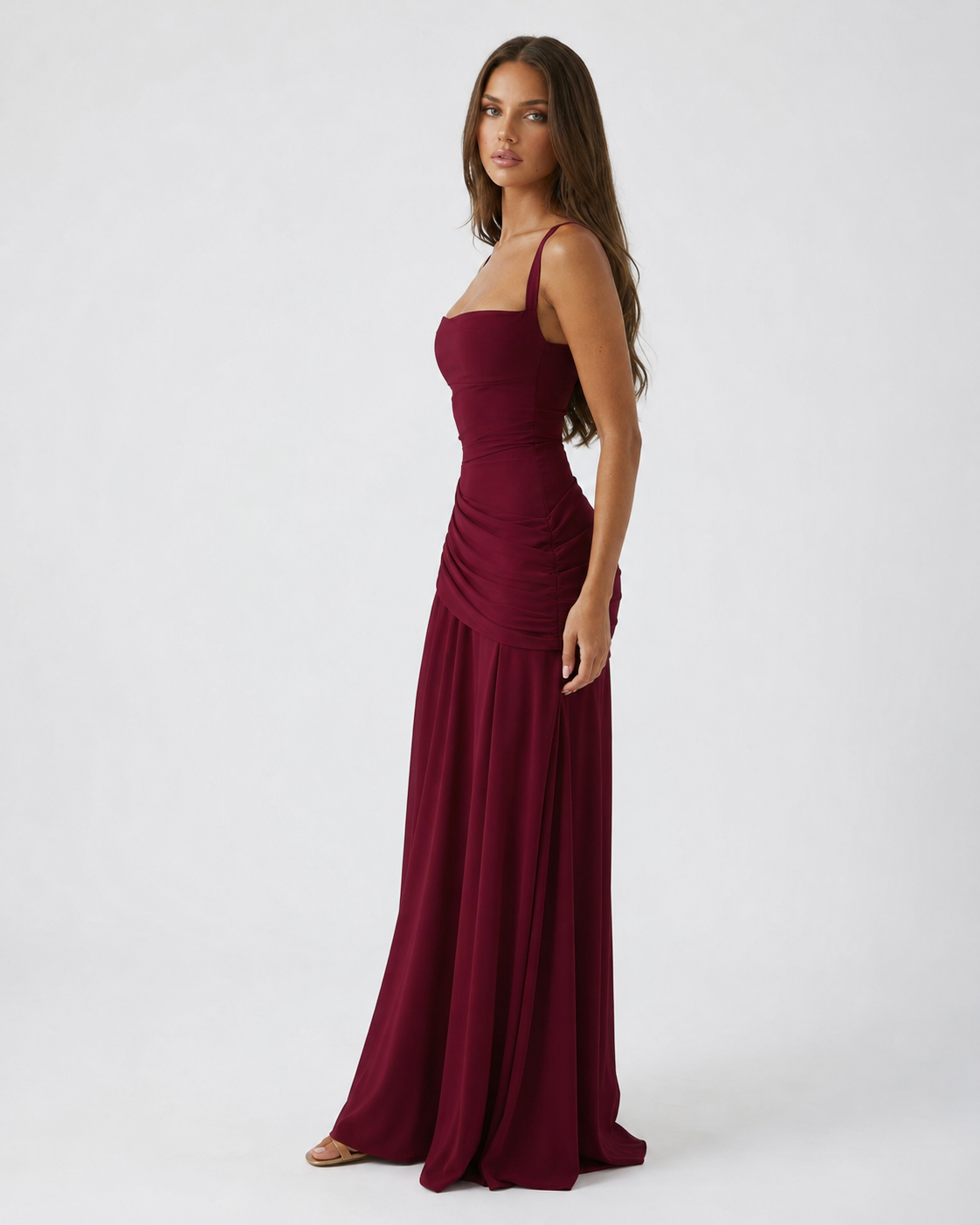 Abito maxi donna elegante con scollo quadrato e drappeggio