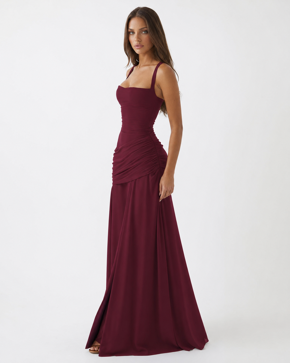 Abito maxi donna elegante con scollo quadrato e drappeggio