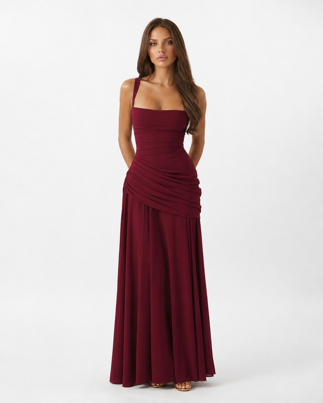 Abito maxi donna elegante con scollo quadrato e drappeggio