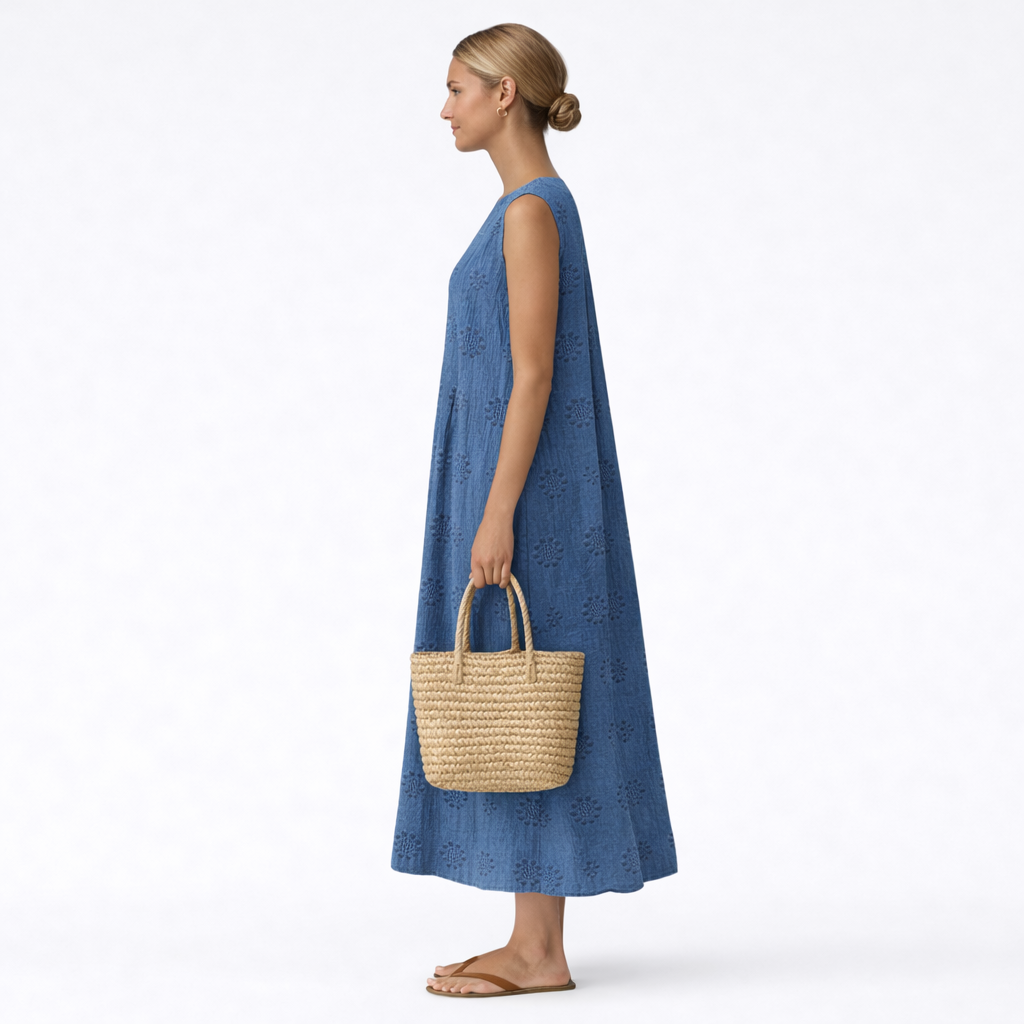 Abito midi donna in cotone viscosa con ricamo traforato
