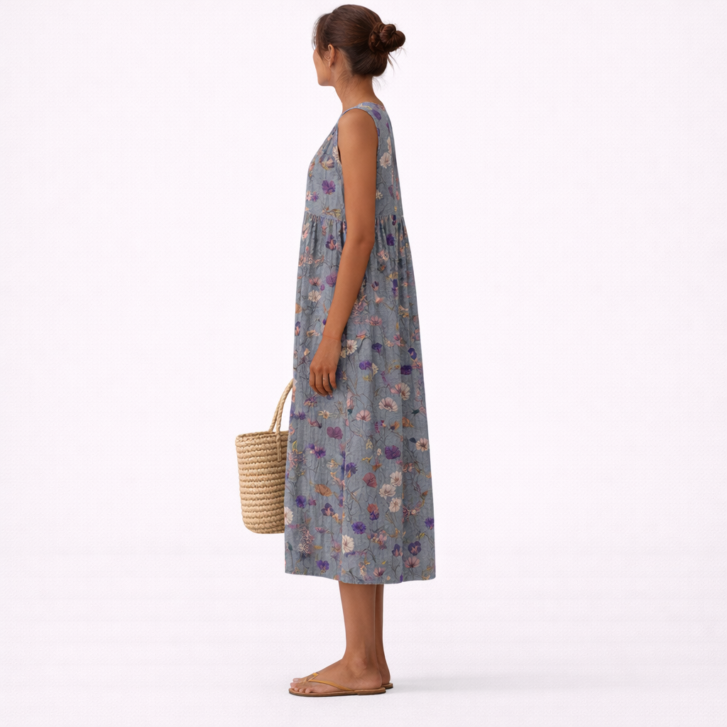Abito midi smanicato donna con micro stampa floreale