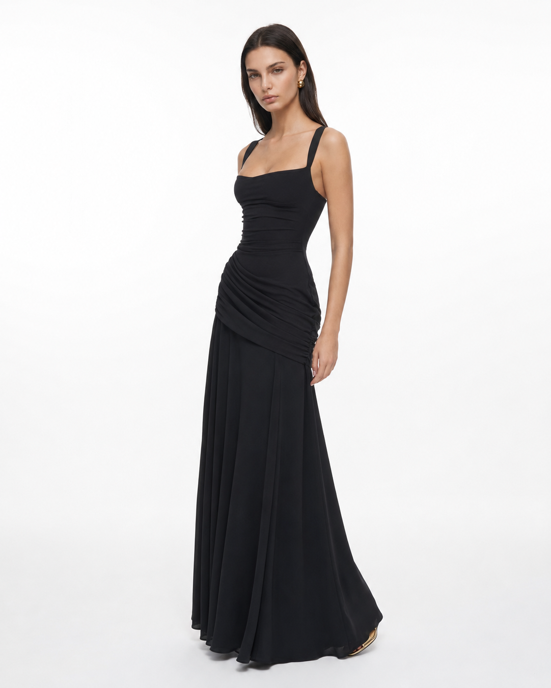 Abito maxi donna elegante con scollo quadrato e drappeggio