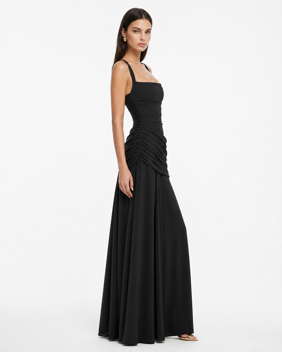 Abito maxi donna elegante con scollo quadrato e drappeggio