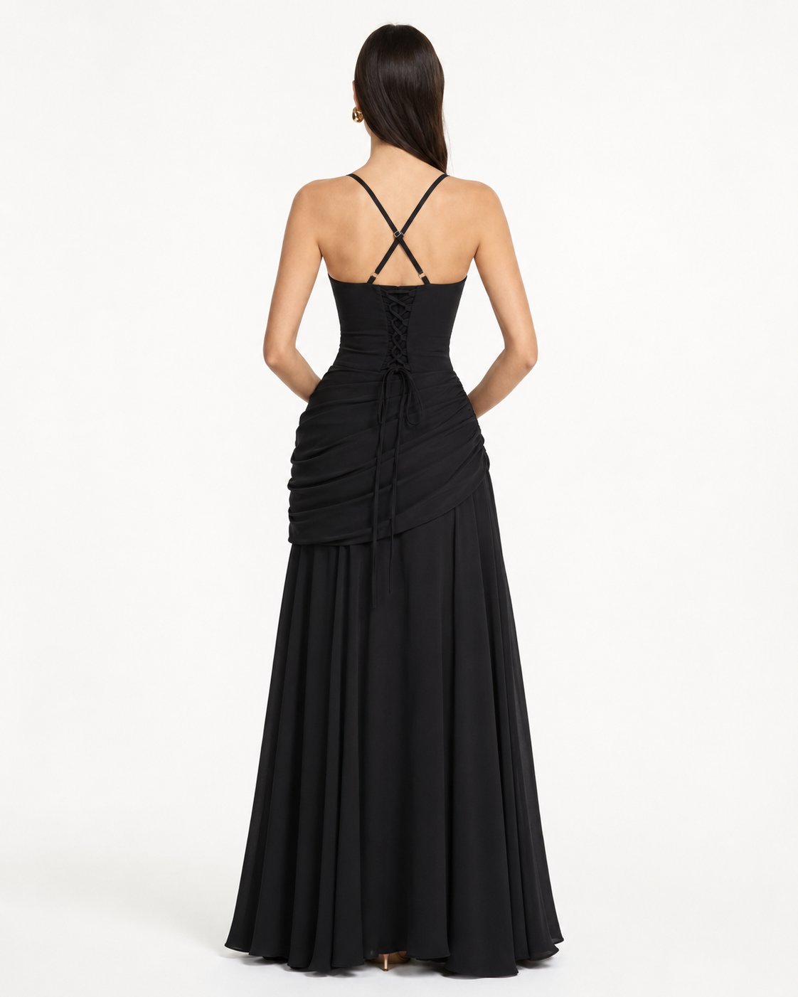 Abito maxi donna elegante con scollo quadrato e drappeggio