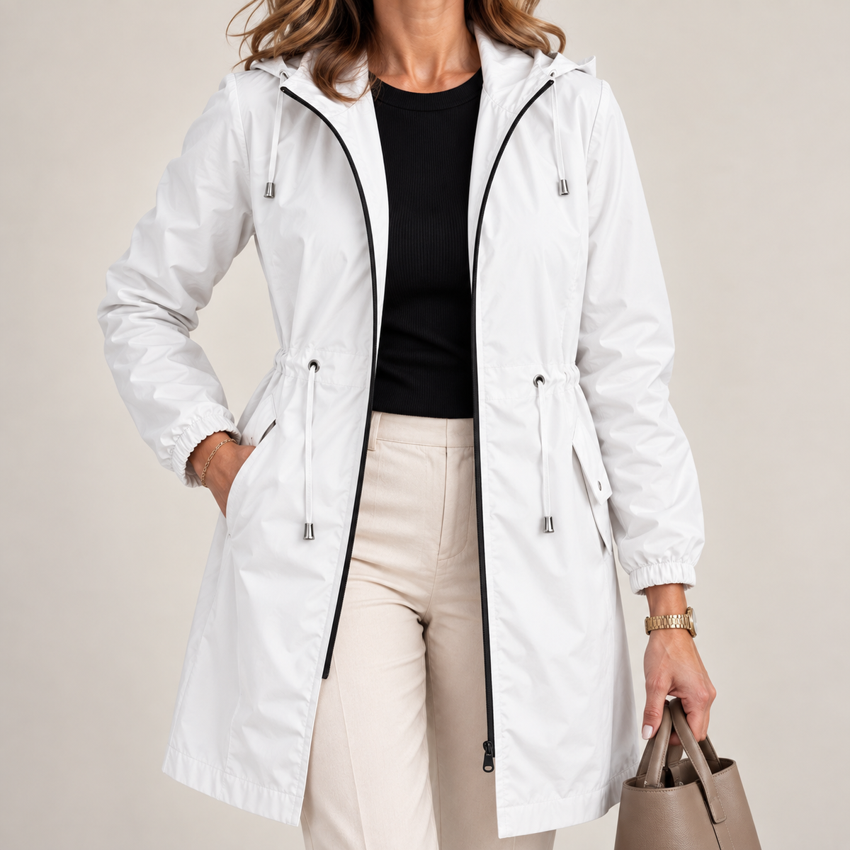 Parka donna impermeabile con cappuccio e vita regolabile