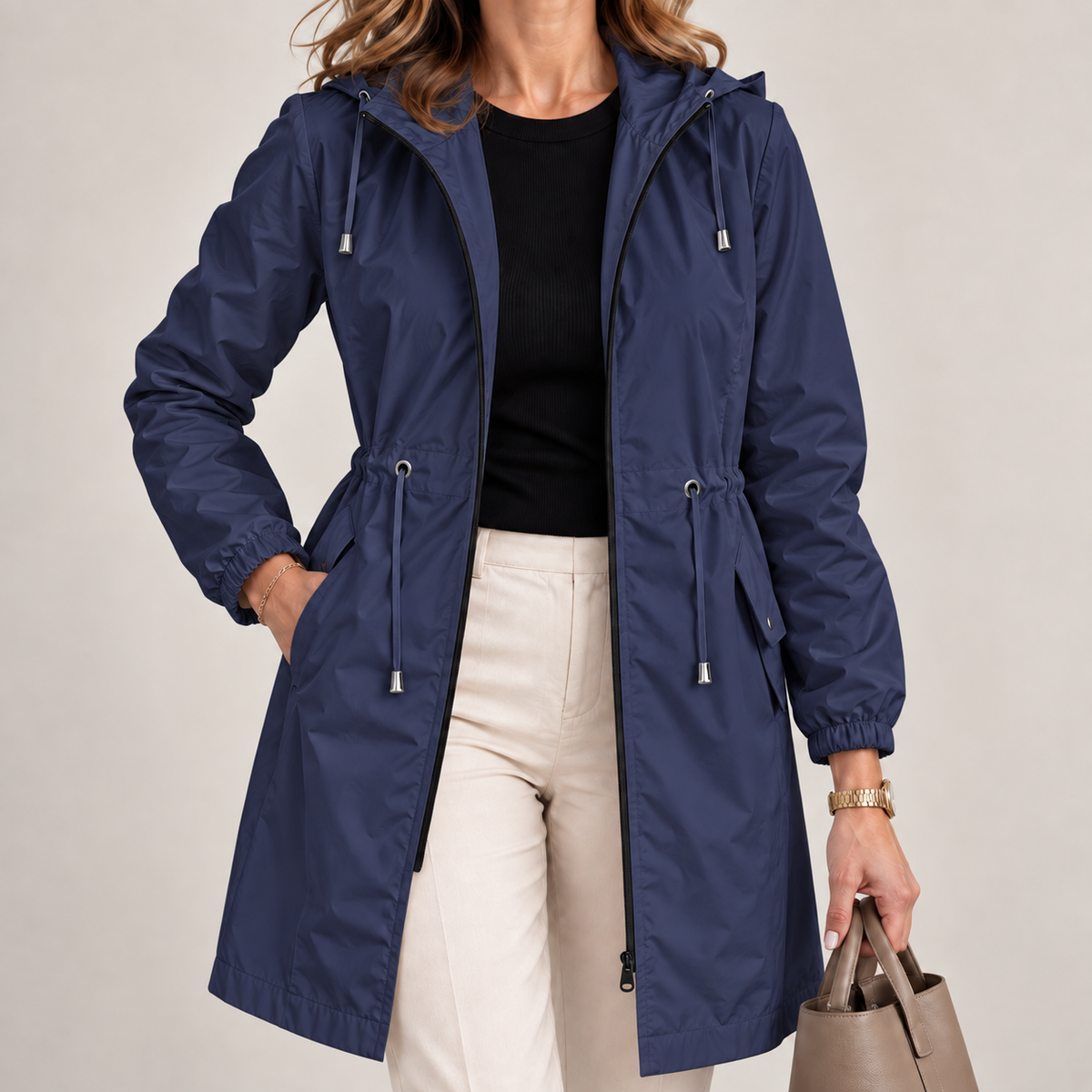 Parka donna impermeabile con cappuccio e vita regolabile