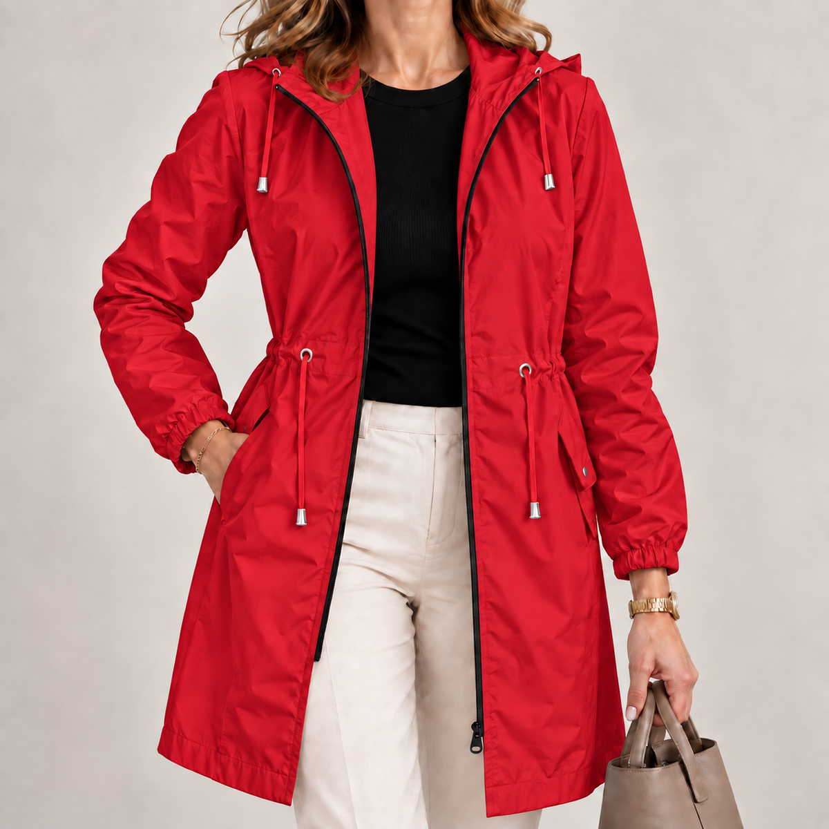 Parka donna impermeabile con cappuccio e vita regolabile