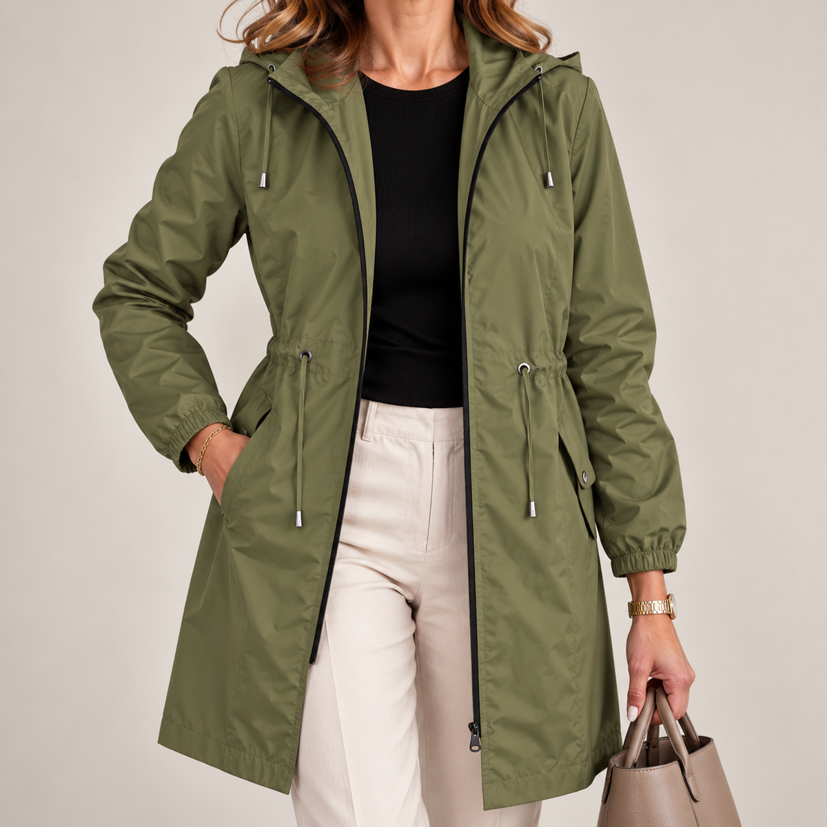 Parka donna impermeabile con cappuccio e vita regolabile