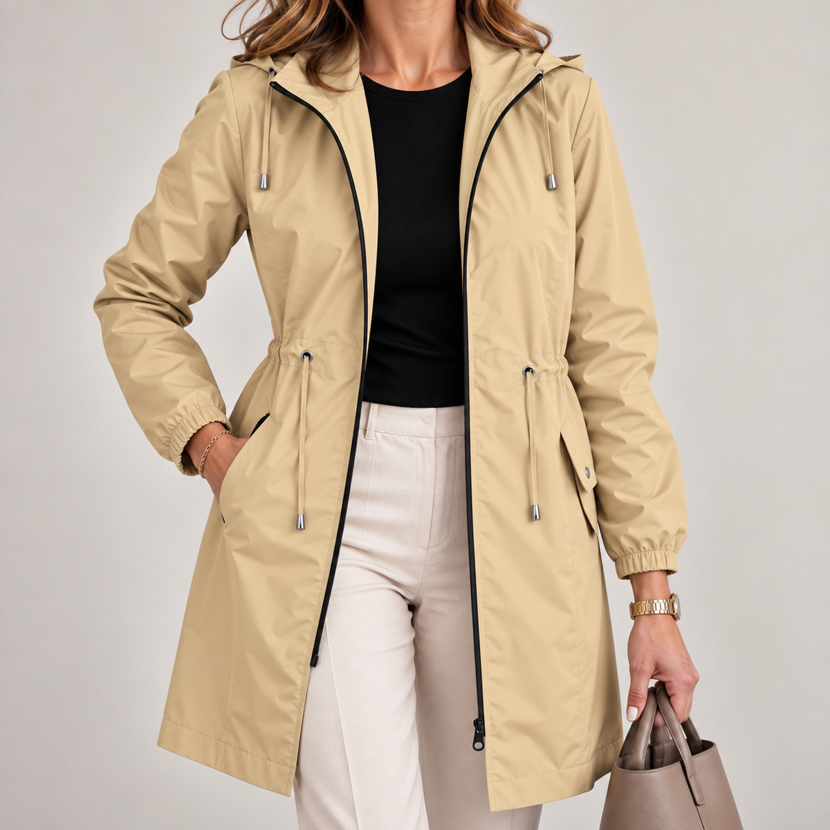 Parka donna impermeabile con cappuccio e vita regolabile