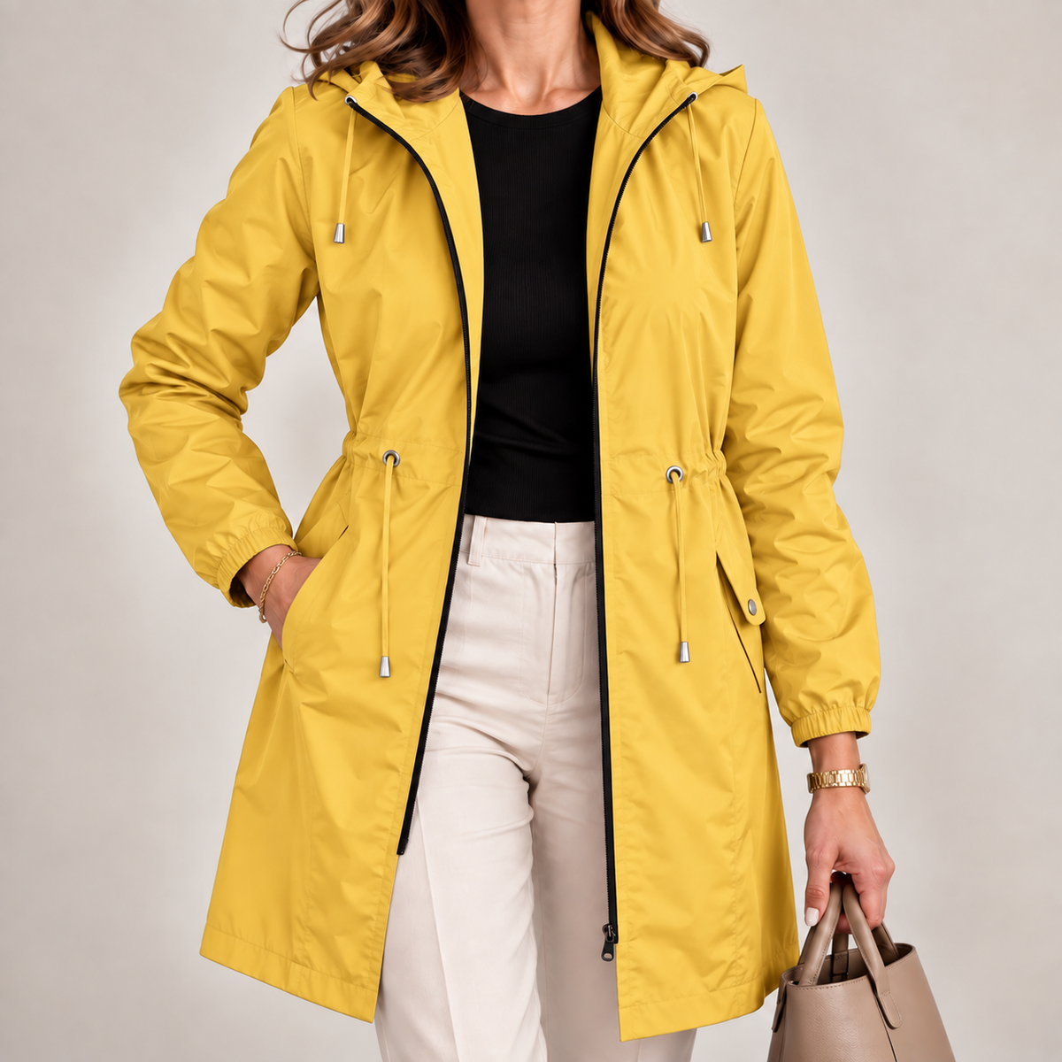 Parka donna impermeabile con cappuccio e vita regolabile