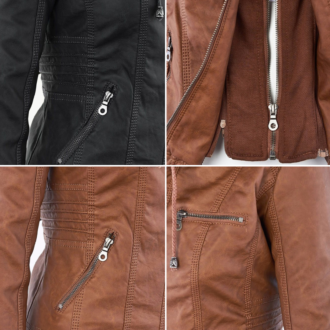 Giacca donna con cappuccio, zip e dettagli stile biker