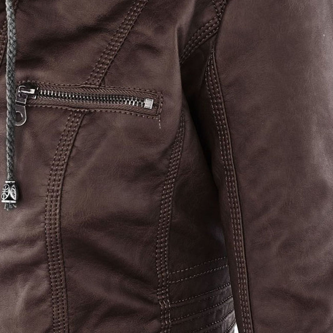Giacca donna con cappuccio, zip e dettagli stile biker