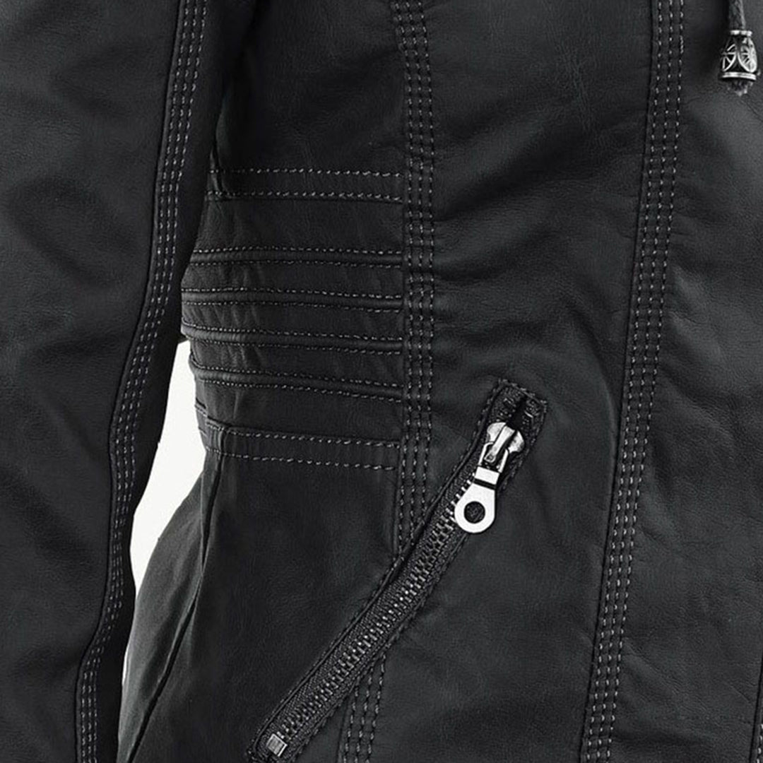 Giacca donna con cappuccio, zip e dettagli stile biker