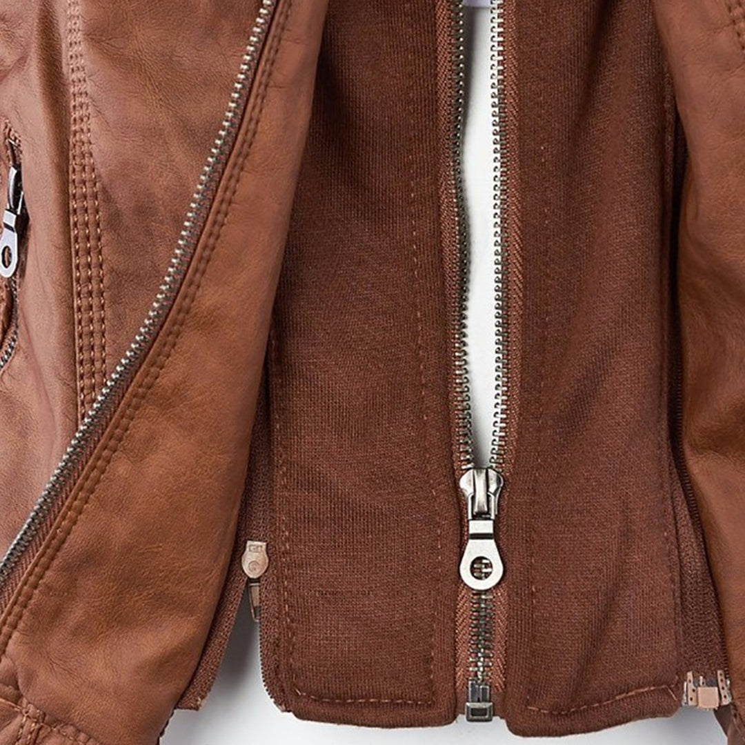 Giacca donna con cappuccio, zip e dettagli stile biker