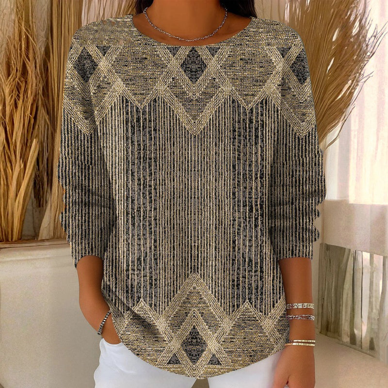 Top donna con motivo geometrico vintage e maniche a tre quarti