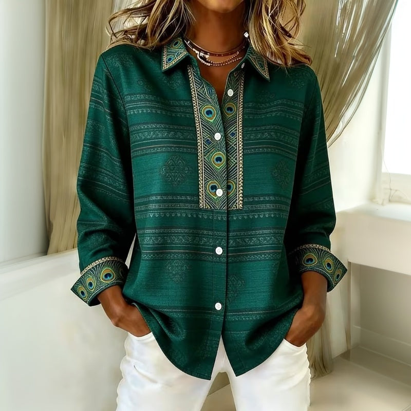 Camicia donna con stampa pavone e chiusura abbottonata