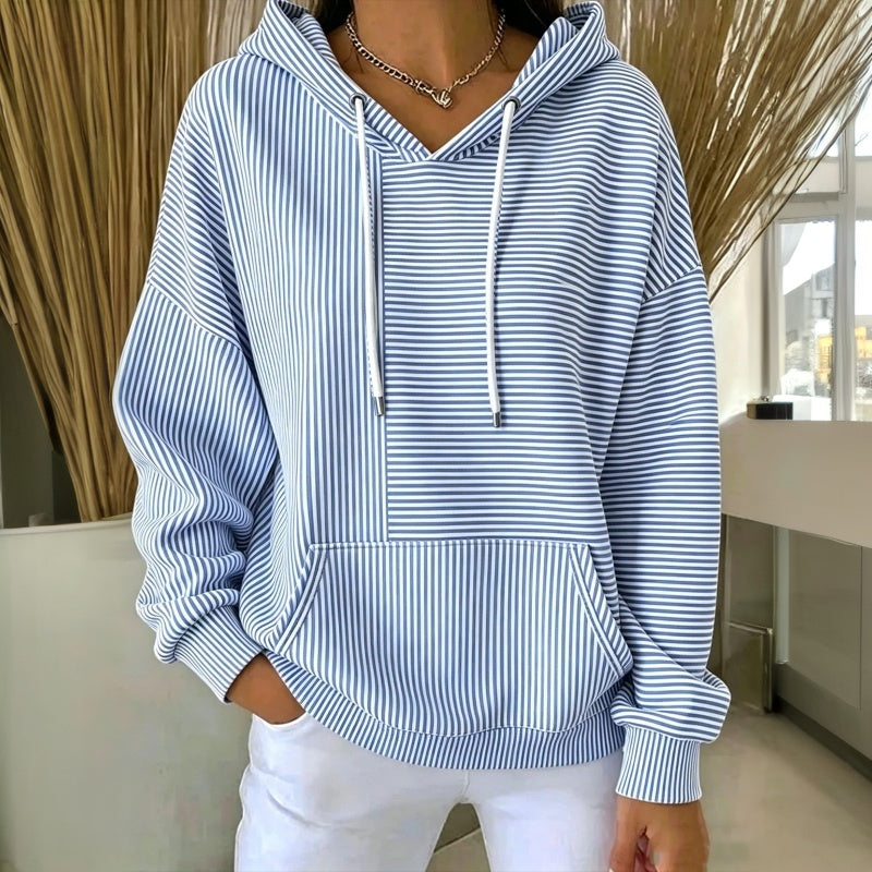 Felpa donna oversize a righe con cappuccio e tasca a marsupio