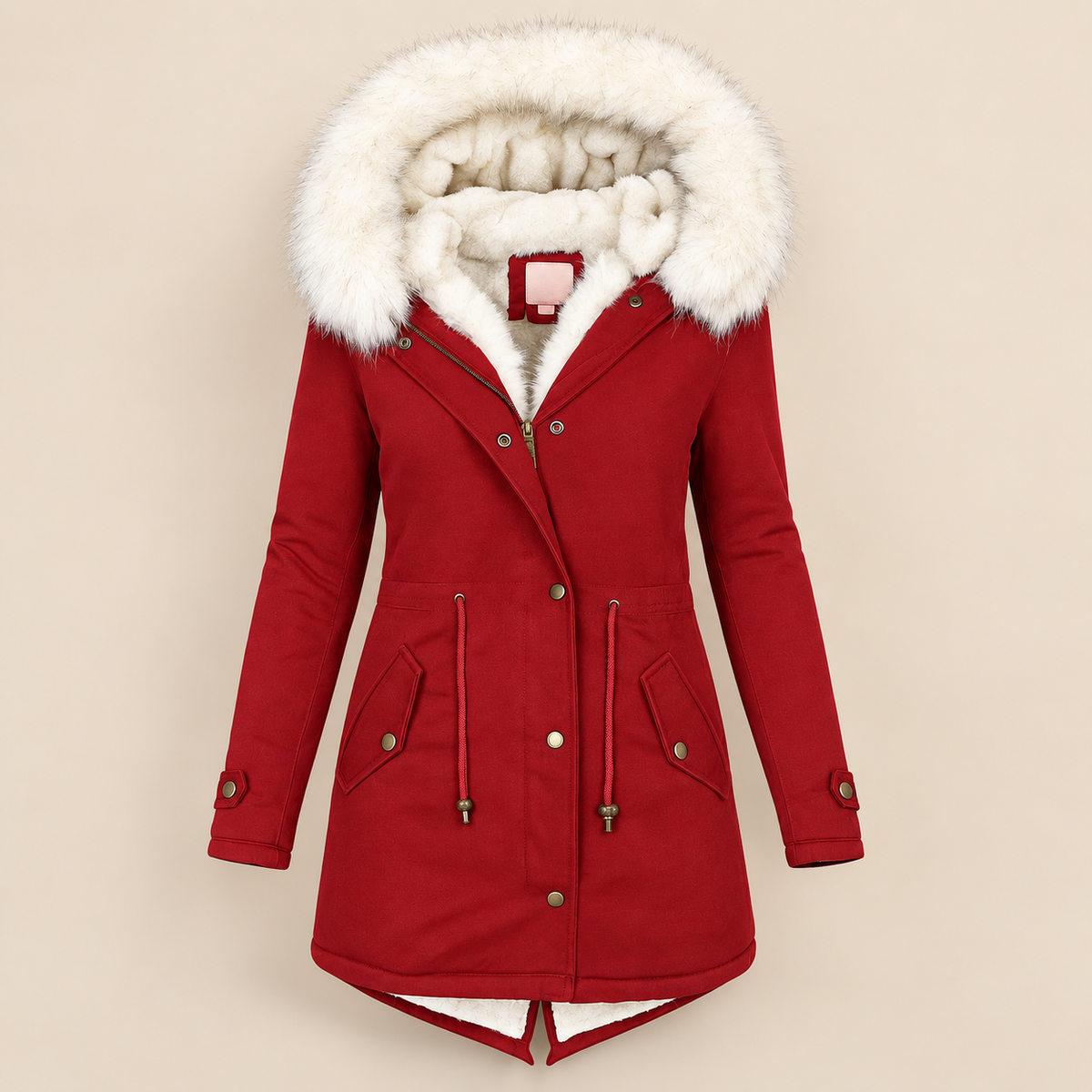 Parka lunga donna in poliestere con cappuccio e vita regolabile