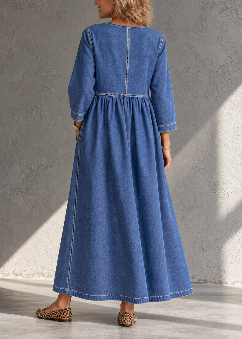 Abito lungo donna effetto denim con cuciture a contrasto e tasche