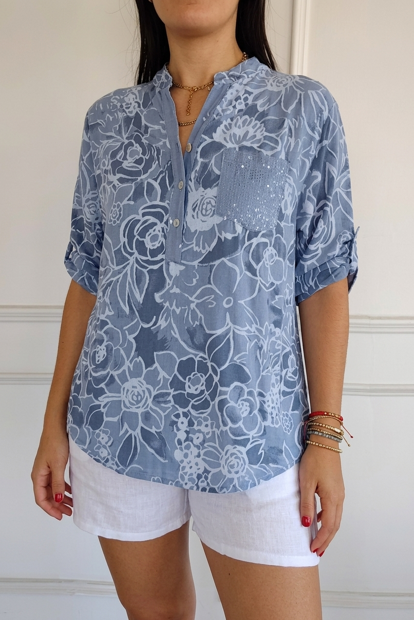 Camicia donna in pizzo floreale con colletto aperto
