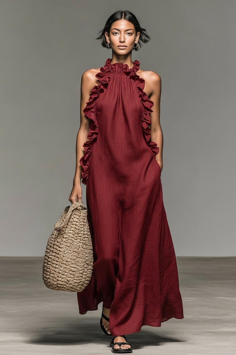 Abito maxi donna senza maniche con volant e tasche